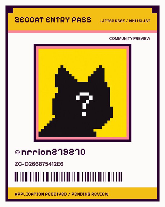 A pixel art style 'BEOCAT ENTRY PASS' features a mystery character silhouette with '?' on a yellow background, listing @nrrion273270 and 'APPLICATION RECEIVED / PENDING REVIEW'.