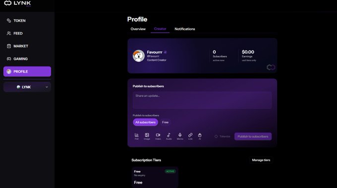 A dark-themed user interface for a platform called 'LYNK', displaying a 'Profile' page with navigation tabs for 'Overview', 'Creator', and 'Notifications', showing zero subscribers and a 'Publish to subscribers' text box.