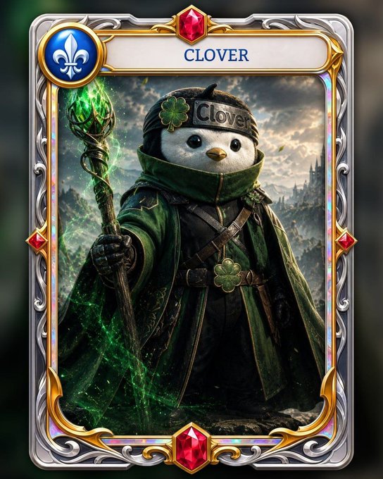 A fantasy trading card titled 'CLOVER' featuring a penguin wizard in green robes holding a glowing staff, framed by ornate silver and gold borders with red gems.
