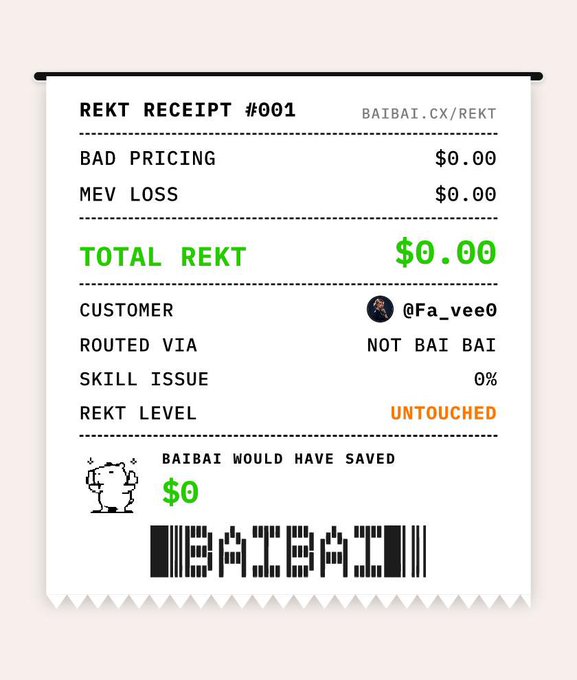 A 'REKT RECEIPT #001' from BAIBAT.CX/REKT showing zero losses with status 'UNTOUCHED' for customer @Fa_vee0.