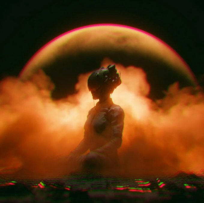 The image features a woman sitting in front of a large planet, with smoke coming from her head. The background shows an orange glow, possibly representing a sunset or sunrise. The caption below the image reads "Arc Terminal is redefining web3 security by putting real user control front and center. with its server blind setup and quantum proof encryption, you get an ai that actually belongs to you instead of some distant server".