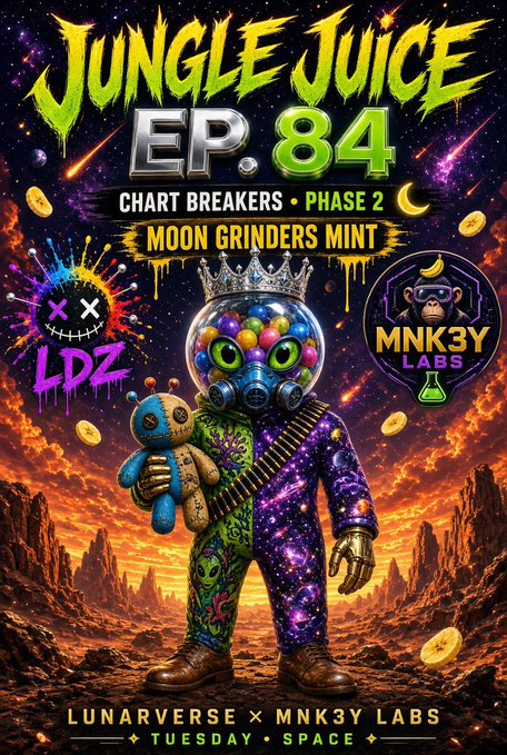 A vibrant promotional poster for 'Jungle Juice EP. 84 - Chart Breakers Phase 2 - Moon Grinders Mint' featuring LDZ and MNK3Y LABS branding, depicting a colorful character with a gumball-machine helmet holding a voodoo doll against a cosmic landscape.