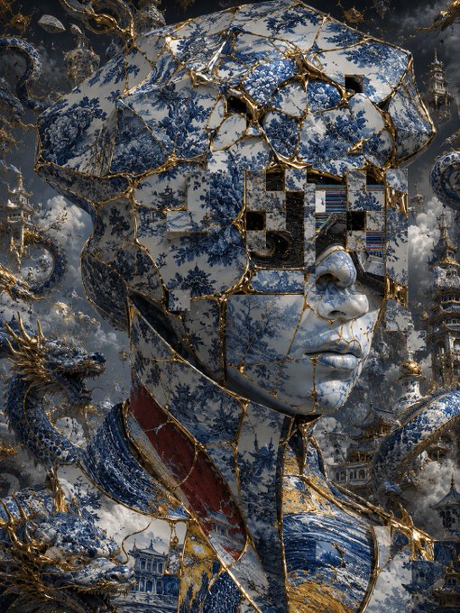 An artistic digital illustration depicts a humanoid figure and surrounding dragons constructed entirely from broken blue-and-white porcelain pieces in a Japanese willow pattern, reassembled with gold kintsugi cracks.