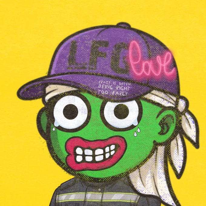 An illustration of a green-skinned character wearing a purple cap with 'LFC love' in pink neon lettering and 'CRAZY IS OFTEN BEING RIGHT TOO EARLY' written below.