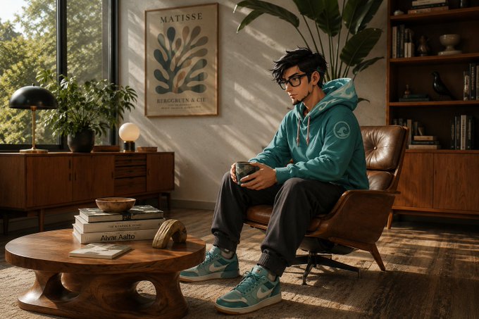 A young man with glasses sits in a brown leather chair in a warmly lit room, wearing a teal hoodie and matching sneakers, with a Matisse poster and bookshelf in the background.