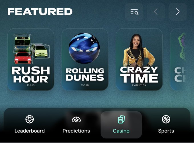A digital interface displays a 'FEATURED' section with game tiles including 'RUSH HOUR,' 'ROLLING DUNES,' and 'CRAZY TIME,' with a bottom navigation menu showing options for 'Leaderboard,' 'Predictions,' 'Casino,' and 'Sports.'