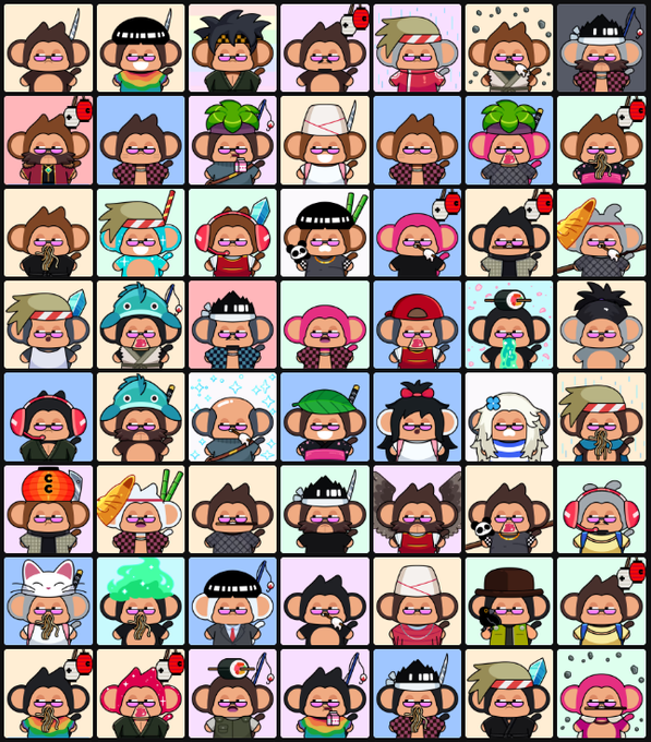 A grid of cartoon monkey avatars in various costumes and styles, appearing to be NFT or character designs.