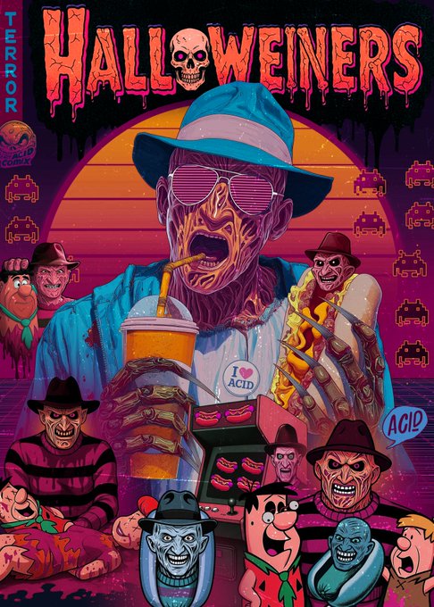 A horror-themed poster titled 'HALLOWEENERS TERROR' featuring zombie-like characters, Freddy Krueger, Freddy Fazbear, and other creepy figures eating fast food, with 'I ❤️ ACID' and 'ACID' badges.