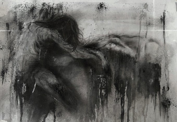 Dark, monochromatic charcoal-style artwork of a figure with flowing hair, rendered with heavy smudging and dripping black textures creating a melancholic mood.