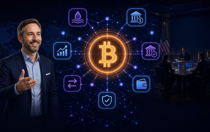 A promotional graphic features a smiling man in a suit on the left, with a central Bitcoin (₿) logo surrounded by financial icons (bank, charts, wallet, shield, security), set against a dark blue background that includes a faint American flag and people in a boardroom.