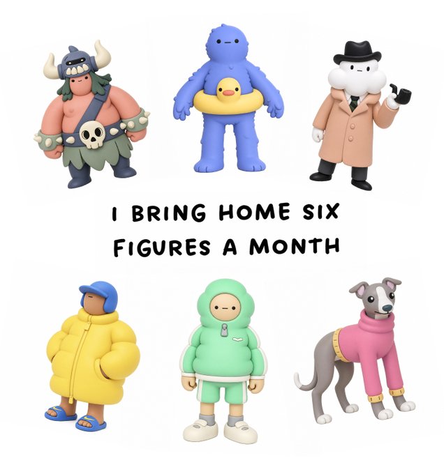 Six colorful designer figures are displayed in two rows, with the text "I BRING HOME SIX FIGURES A MONTH" written between them—a playful response to the "show us your toys" prompt, suggesting the collector acquires a new figure about every five days.