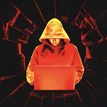 A stylized image shows a person in a hoodie working on a laptop, bathed in red and orange light, suggesting a hacker or tech enthusiast theme.