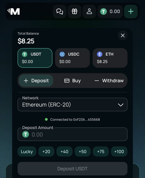A cryptocurrency wallet interface showing a Total Balance of $8.25 in ETH, with options to Deposit, Buy, or Withdraw USDT on the Ethereum (ERC-20) network, connected to address 0xF23A...455668.