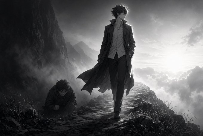 A black-and-white anime-style illustration shows a tall man in a long trench coat walking along a rocky mountain path while a smaller figure crouches behind him in the mist.
