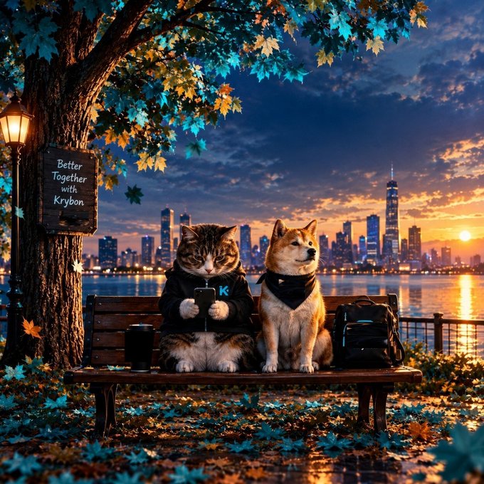 A whimsical digital artwork depicts a cat in a hoodie and a Shiba Inu dog wearing a bandana sitting together on a park bench at sunset, with a city skyline across the water; a sign reads 'Better Together with Krybon'.