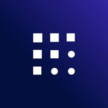 A dark blue background featuring a 3x3 grid icon composed of white squares and circles.