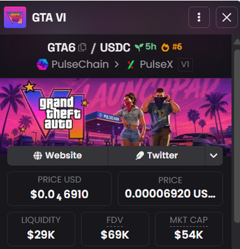 GTA VI token listing on PulseChain/PulseX V1 showing a price of $0.0046910 USDC, with $29K liquidity and $69K FDV.