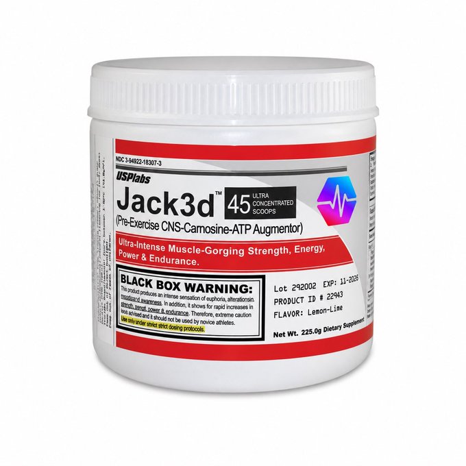 The image shows a white jar of Jack 3D energy drink with a red label. The jar has a black warning label that says "Black Box Warning" and provides information about the product's ingredients, including the presence of 1,3-dimethylamine (C4H8O2). This ingredient is known to cause hallucinations in some individuals when consumed in large quantities or combined with other substances like alcohol. The jar also contains a protein powder that can be used as an energy booster and muscle gainer.