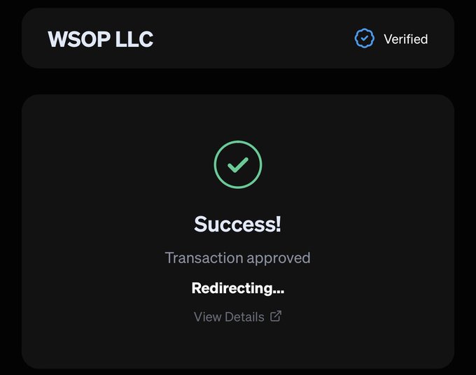 A transaction confirmation screen from WSOP LLC shows "Success! Transaction approved" and indicates "Redirecting..." with a verified status, confirming the user's purchase of a WSOP Main Event entry using USDC on the Solana blockchain as described in the caption.