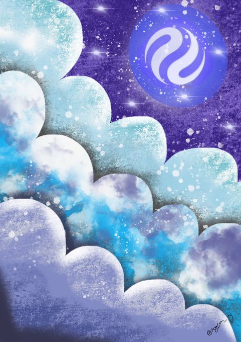 A digital illustration of stylized blue and white clouds against a dark purple, starry night sky, featuring a prominent circular logo with a white swirling design in the upper right.