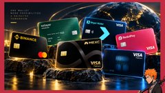 A sleek promotional graphic showcases the Binance Card, featuring multiple Visa cards in silver and rose-gold finishes alongside smartphone wallet screens displaying the Binance app interface with "Pay with crypto" options. The futuristic backdrop includes a glowing globe and digital accents, with "Binance" branding and Visa logos prominently visible, directly illustrating the user's testimonial about effortlessly spending cryptocurrency directly from their Binance account without complex exchange steps.
