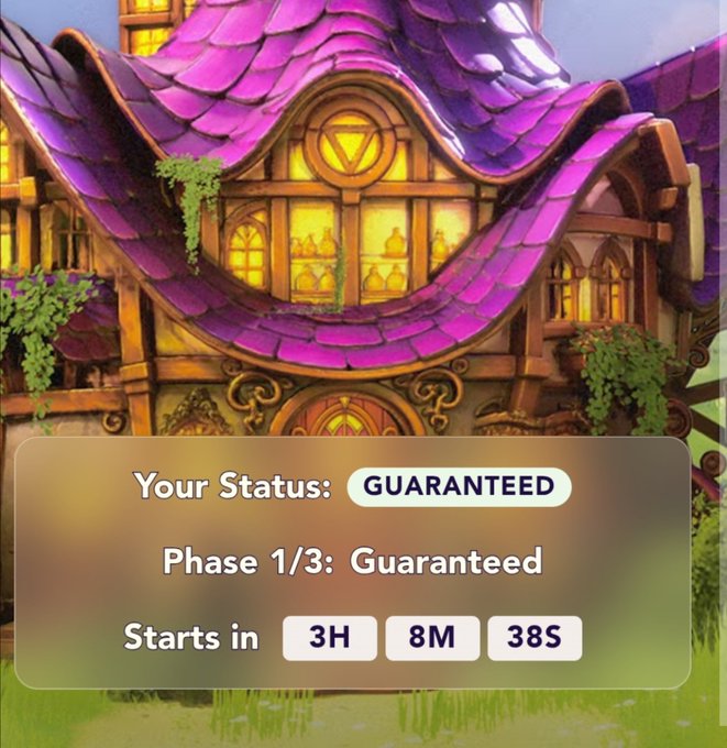 A fantasy-style game screenshot showing a whimsical purple-roofed cottage with a status overlay reading 'Your Status: GUARANTEED', 'Phase 1/3: Guaranteed', and a countdown timer starting in '3H 8M 38S'.
