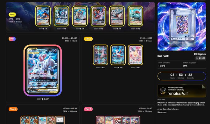 A screenshot of a digital trading card marketplace, showing various Pokémon card packs categorized by tiers like 'Duo' and 'Tier A', with a featured 'Duo Pack' listing by user 'renaiss Fair'.