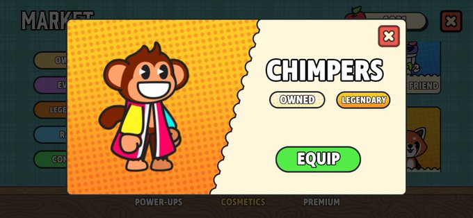 A marketplace interface showing a 'CHIMPERS' legendary cosmetic character card featuring a cartoon monkey in a colorful jacket with an 'EQUIP' button.