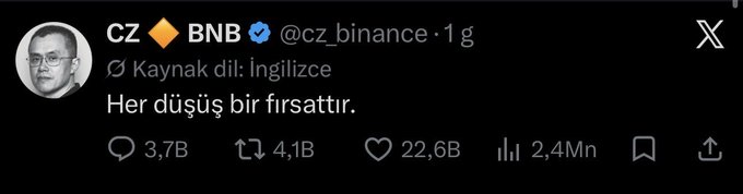 The image shows a tweet from CZ Binance (@cz_binance) reading "Her düşüş bir fırsattır" (Turkish for "Every dip is an opportunity"), which the accompanying post criticizes as a deceptive statement CZ uses to downplay market downturns, labeling him a scammer along with Trump, Eric Trump, and Netanyahu for allegedly tanking the crypto and stock markets.
