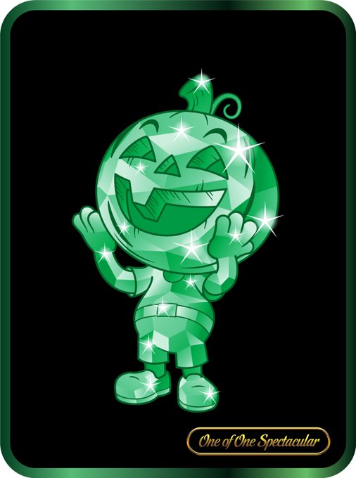 A shiny green cartoon mascot with a pumpkin-like head, big smile, and sparkles, labeled 'One of One Spectacular' at the bottom on a dark background.