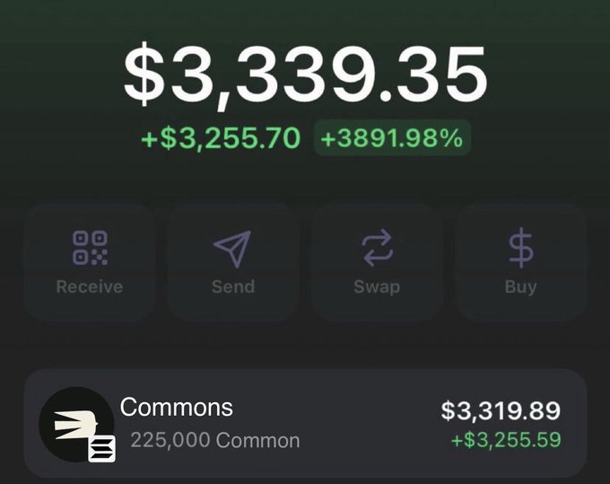A cryptocurrency wallet interface displaying a portfolio value of '$3,339.35', showing a gain of '+$3,255.70' and '+3891.98%', with a holding labeled 'Commons' worth '$3,319.89'.
