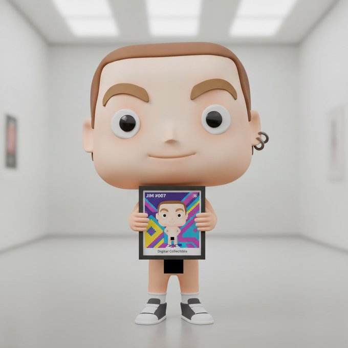 A 3D rendered cartoon character with brown hair and ear piercings stands in a white room holding a digital collectible card labeled 'JIM #067'.