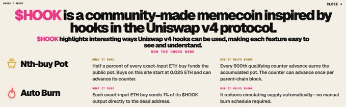 A promotional graphic for the '$HOOK' cryptocurrency, describing it as a 'community-made memecoin inspired by hooks in the Uniswap v4 protocol,' and detailing features like 'Nth-buy Pot' and 'Auto Burn'.