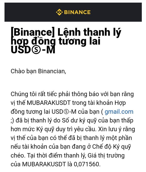 A notification from Binance in Vietnamese, titled '[Binance] Lệnh thanh lý hợp đồng tương lai USDⓈ-M', notifying the user that their MUBARAKUSDT position has been liquidated due to insufficient margin.