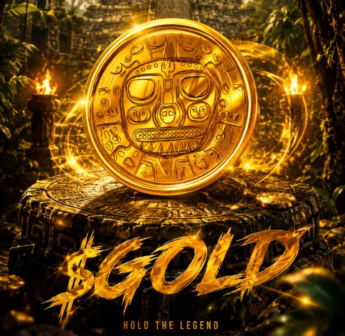 A promotional image for '$GOLD' featuring a golden Aztec-style coin medallion resting on a stone pedestal in a jungle setting, with the tagline 'HOLD THE LEGEND'.