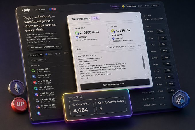 A promotional screenshot of the Quip decentralized exchange app showing a token swap interface with 2,200 WETH being exchanged for 6,130.32 VIRTUAL tokens.