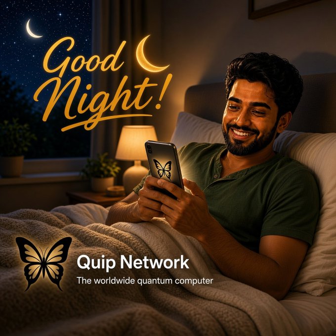 A promotional graphic featuring a smiling man in bed using his phone, with 'Good Night!' in orange script, a crescent moon, and the 'Quip Network' logo with the tagline 'The worldwide quantum computer' displayed.