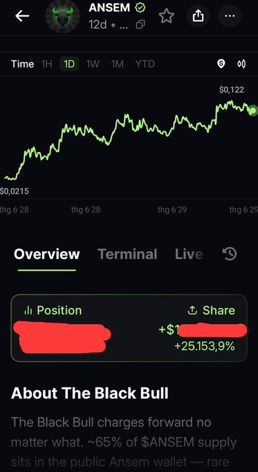 Cryptocurrency tracker app screenshot showing "ANSEM" token's 1-day price chart rising from $0.0215 to $0.122, with a portfolio position showing a +25,153.9% gain, and a description "About The Black Bull."
