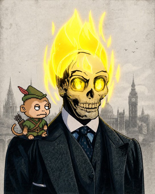 A flaming skull-headed figure in a Victorian suit, reminiscent of a wraith from *Fallen London* or *Cultist Simulator*, stands against a foggy London skyline featuring Big Ben and the Houses of Parliament, with a small pixel-art monkey in a green Robin Hood outfit perched on his shoulder—visually representing the "MonkeyHood" project referenced in the post's growth milestone announcement.