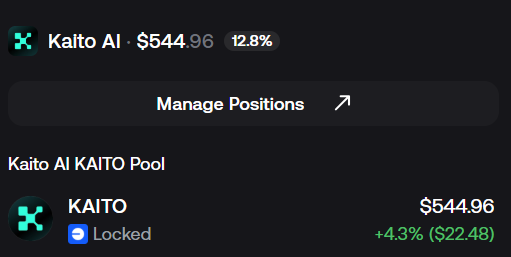 The user is displaying a screen where they have invested in a trading account. The value of their holding in the Kaito AI account is currently just over $544 and it gained nearly $23. The accompanying post mentions they're waiting 2 days before they unlock and want to sell some of their holding to get back into the market, the biggest trend in decentralized finance is Decentralized Data Marketplaces like the Kaito AI screen is displaying.