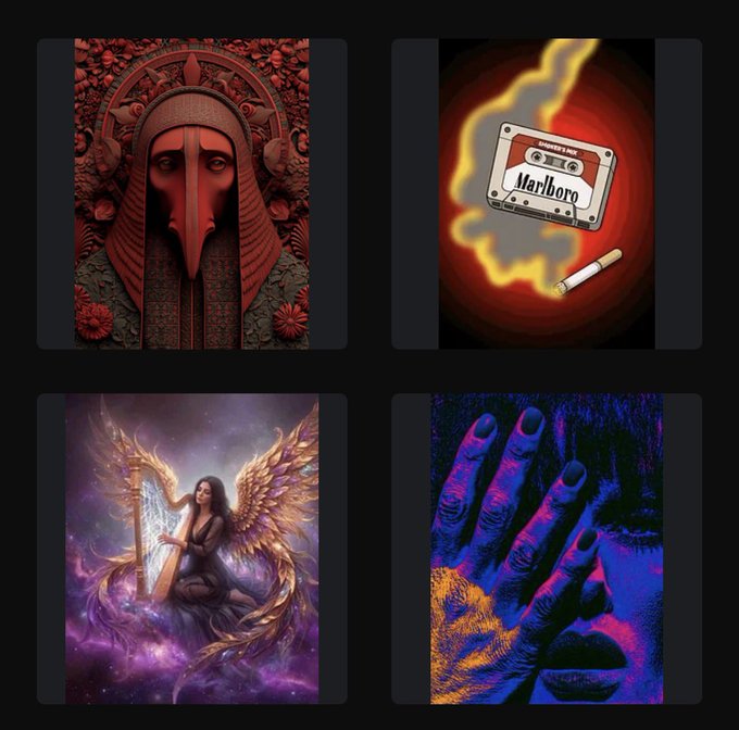A 2x2 grid of AI-generated artwork featuring a red plague doctor mask with floral details, a Marlboro cassette tape with a cigarette on fire, a winged figure playing a harp in purple cosmic light, and a blue-toned hand covering part of a face.