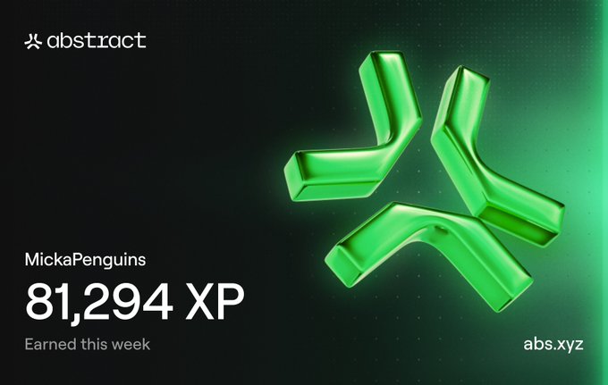 Abstract platform profile card for 'MickaPenguins' showing 81,294 XP earned this week with a green 3D abstract logo.