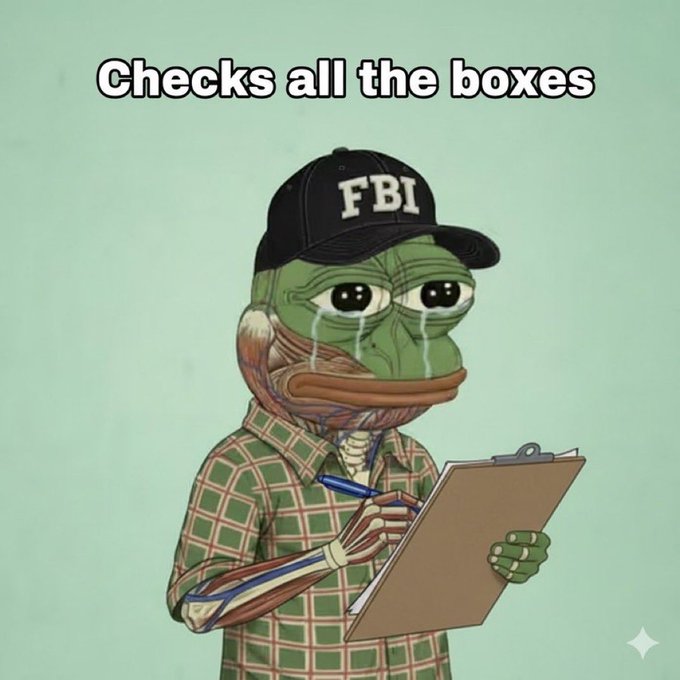 The 'Sad Pepe' meme character wearing an 'FBI' cap and a plaid shirt, holding a clipboard and pen, with the text 'Checks all the boxes' at the top.