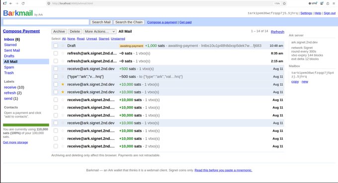 Screenshot of the Barkmail webmail interface showing a list of incoming and pending transactions from 'ark.signet.2nd.dev' with amounts of 500 and 10,000 sats, and Ark server network status showing 'round every 300s'.