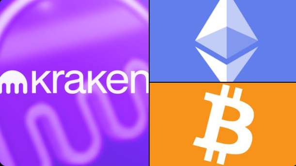 A composite image featuring the Kraken logo (white text on purple) alongside the Ethereum logo (blue diamond) and Bitcoin logo (orange "₿"), visually representing Kraken's launch of USD-settled Bitcoin and Ethereum options for the crypto market.