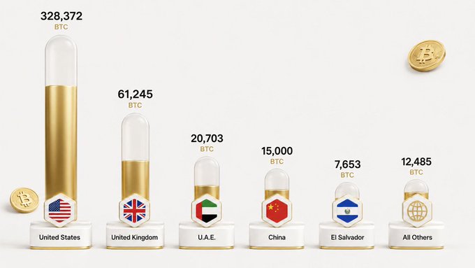 The user wants a concise caption for the image.
I need to identify the key elements:
- It's a bar chart showing Bitcoin holdings by country.
- The tallest bar is for the "United States" with 328,372 BTC.
- Other countries listed are United Kingdom (61,245), U.A.E. (20,703), China (15,000), El Salvador (7,653), and "All Others" (12,485).
- The chart uses gold bars inside glass vials.
- There are flags for each country.
- There is a Bitcoin coin graphic in the top right and bottom left.
- The text "328,372 BTC" is at the top.

The accompanying post text mentions "America is still leading the next financial frontier" and "Happy 250th, America!". This context confirms that the US leading in