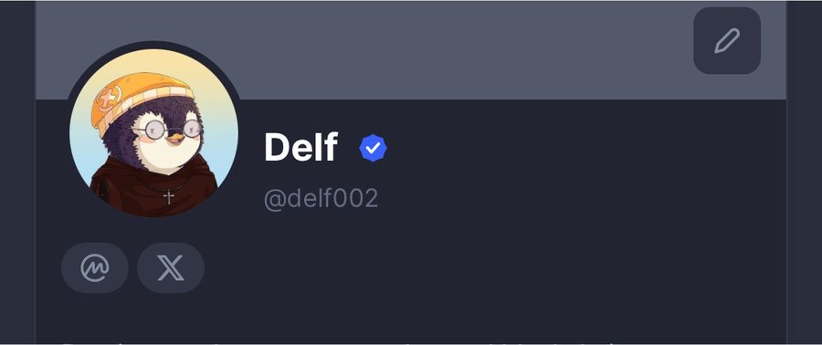 A social media profile card for a verified user named Delf (@delf002), featuring a cartoon penguin avatar wearing glasses and an orange beanie.