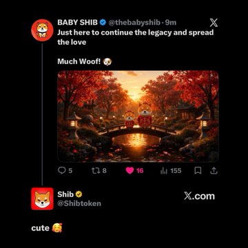 The image shows an X post from the official BABY SHIB account (@thebabyshib), which has shared an AI-generated illustration of two Shiba Inu dogs on a bridge in an autumn setting, with the message "Just here to continue the legacy and spread the love" and "Much Woof!". This tweet aligns with the news that the official Shiba Inu account publicly replied to the $BABYSHIB X account, signaling a notable interaction between the two Shiba-themed communities.