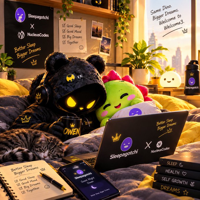A promotional graphic for Sleepagotchi x NucleusCodes featuring a black bear character and a green cactus character cuddling on a bed, with text reading 'Better Sleep Bigger Dreams' and 'Same Dino. Bigger Dreams. Welcome to Welcome3.'
