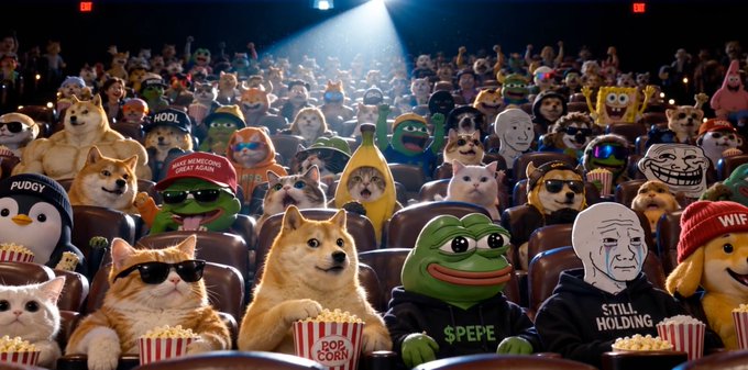 An AI-generated image of a movie theater packed with internet meme characters including Doge, Pepe, Wojak, and Shiba Inu dogs watching a film and eating popcorn.
